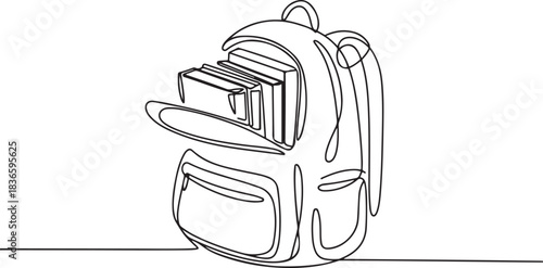 Continuous one line drawing. School bag with books. Education back to school concept. one line Icon drawing