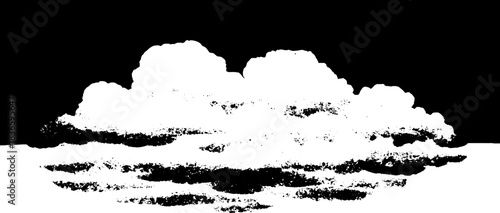 Black and white stencil illustration of layered storm front