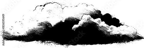 Black and white stencil illustration of layered storm front with dramatic clouds