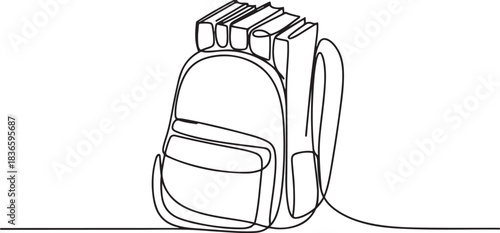 Continuous one line drawing. School bag with books. Education back to school concept. one line Icon drawing