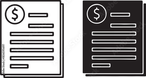 Financial Document Icon with Dollar Sign in Outline and Solid Black paper money on transparent background
