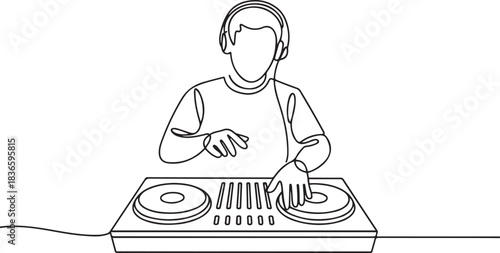 The DJ creates cool music that people dance to. World Techno Day. One line drawing for different uses. one line Icon drawing