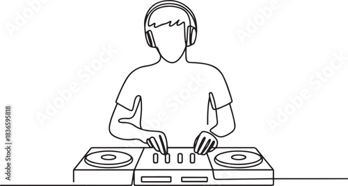 The DJ creates cool music that people dance to. World Techno Day. One line drawing for different uses. one line Icon drawing