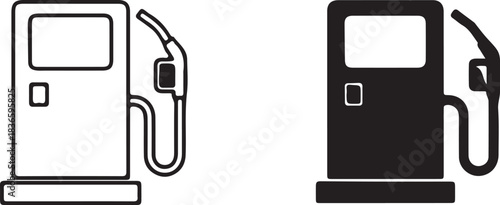 Gas Pump Icon in Outline and Silhouette with Hose fuel gasoline on transparent background