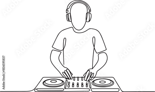 The DJ creates cool music that people dance to. World Techno Day. One line drawing for different uses. one line Icon drawing