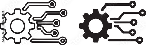 Gear with circuit board connections in outline and solid black icons mechanism technology on transparent background