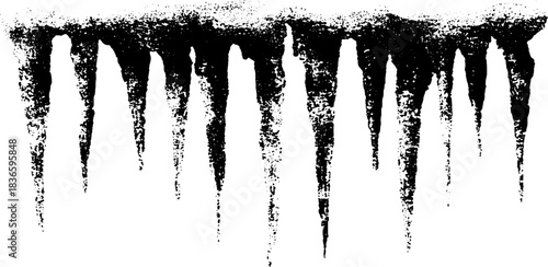 Black and white stencil illustration of long icicles creating a winter abstract design
