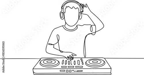 The DJ creates cool music that people dance to. World Techno Day. One line drawing for different uses. one line Icon drawing