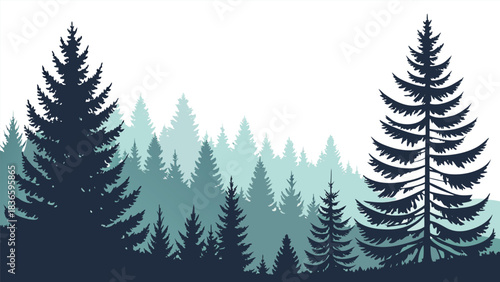 Vector illustration stylized silhouette of dense evergreen forest layers with varying shades of blue and teal against a white backdrop