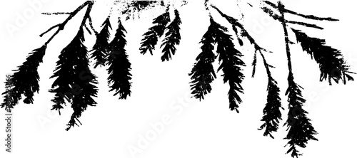 Black and white stencil illustration of long pine branches for nature-inspired designs