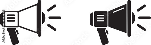 Outline and solid silhouette icons of a megaphone on a white background bullhorn loudspeaker on transparent background