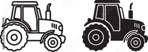 Outline and solid silhouette icons of a tractor on a white background farm vehicle agriculture on transparent background