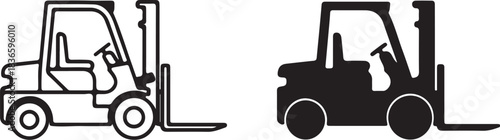 Two icons of a forklift in outline and solid fill industrial vehicle lift truck on transparent background