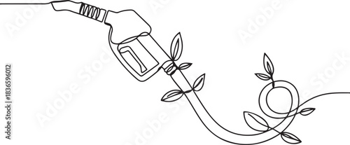 Hose nozzle with leaf icon symbol of eco bio diesel biofuel continuous one line drawing, Fuel handle pump nozzle and hose with green leaves. one line Icon drawing