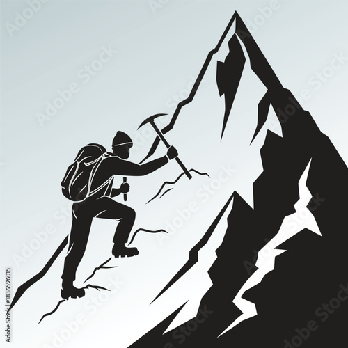 Vector illustration silhouette of a mountaineer with an ice axe and backpack climbing a steep, jagged mountain peak against a gradient background