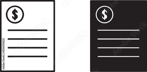 Two Icons of a Document with Dollar Sign One Outline and One Solid Black paper bill on transparent background