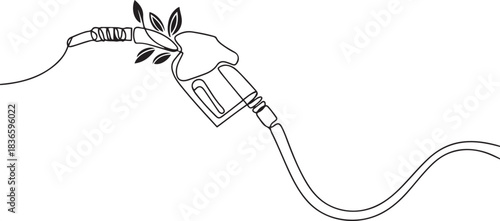 Hose nozzle with leaf icon symbol of eco bio diesel biofuel continuous one line drawing, Fuel handle pump nozzle and hose with green leaves. one line Icon drawing