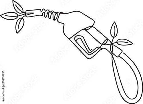 Hose nozzle with leaf icon symbol of eco bio diesel biofuel continuous one line drawing, Fuel handle pump nozzle and hose with green leaves. one line Icon drawing