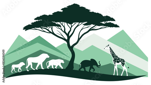 Vector illustration stylized silhouette illustration of various african safari animals beneath an acacia tree with layered green mountains in the background