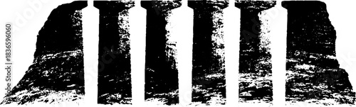 Black and white stencil illustration of massive raw concrete pillars