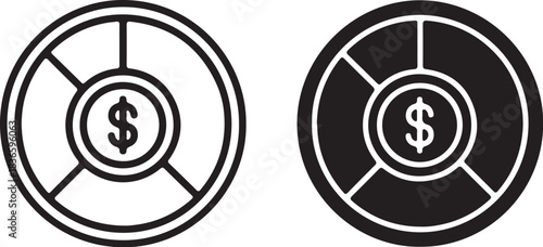 Two Icons of a Pie Chart with Dollar Sign in Center graph finance on transparent background