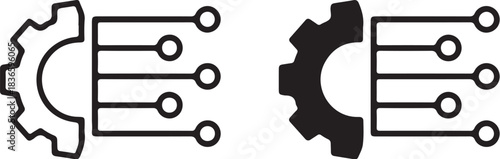 Two icons of a gear connected to electronic circuits in outline and solid fill cogwheel electronics on transparent background
