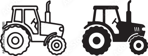 Two Icons of a Tractor One Outline and One Solid Black Side View farm agriculture on transparent background