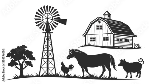Vector illustration silhouette illustration of a farm scene featuring a windmill, barn, horse, sheep, rooster, and tree