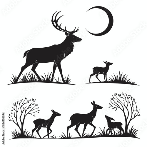 Vector illustration silhouette of a majestic stag with a crescent moon and various deer in a natural setting