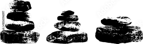 Black and white stencil illustration of river stone cairns for urban art designs