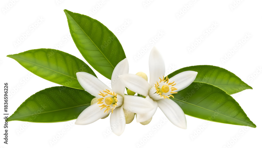 Obraz premium Fragrant orange blossom with green leaves isolated on transparent background