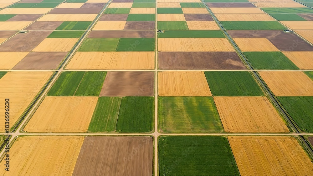 Fototapeta premium Aerial View of a Quilt-Like Agricultural Landscape with Diverse Crops in Various Stages of Growth