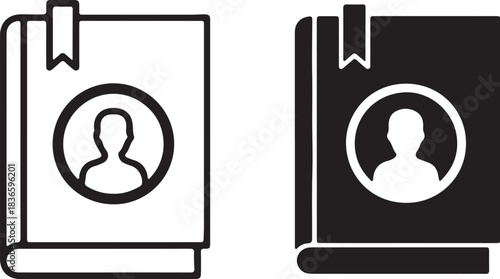 Two Stylized Icons of a Book with a User Profile Symbol and Bookmark person on transparent background