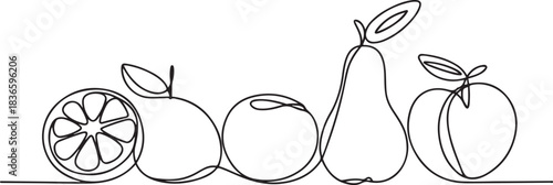 Abstract fruits drawing. Continuous one line art of fruits. Lemon lime mandarin pear peach fruit set. one line Icon drawing