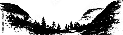 Minimalist black and white stencil illustration of a valley silhouette for design projects