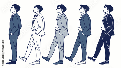 Vector illustration illustration of five stylish men in business suits walking in profile view