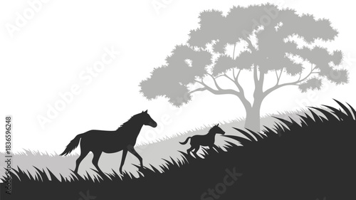 Vector illustration silhouette of a mare and foal walking up a grassy hill next to a large tree in grayscale