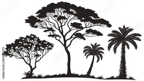 Vector illustration silhouette collection of various savanna and tropical trees including acacia and palm tree types