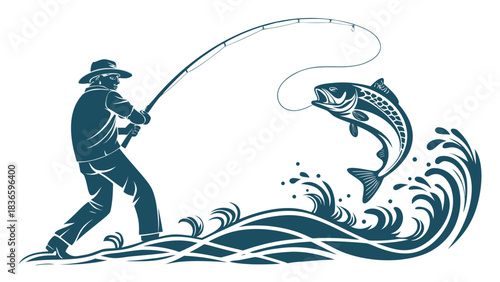 Vector illustration silhouette of an angler fiercely reeling in a large jumping fish from turbulent water