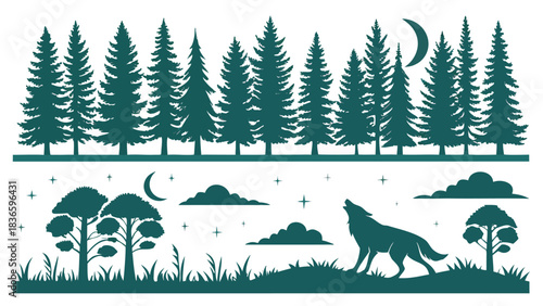 Vector illustration silhouette vector illustration of a howling wolf under a crescent moon surrounded by pine forest trees and nature elements