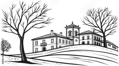 Vector illustration black and white line drawing of a large european villa or estate house situated on rolling hills with bare trees