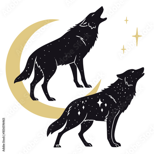 Vector illustration two howling wolves silhouette filled with stars set against a crescent moon and twinkling celestial elements