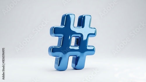 Blue metallic 3d hashtag symbol isolated on a light background