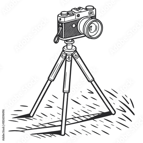 Vector illustration black and white sketch drawing of a vintage rangefinder camera mounted on a small tripod