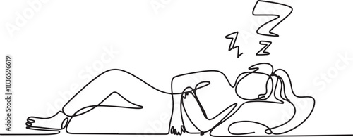 One continuous single drawing line art flat doodle woman, temperature, sleep, illness, lie down, one concern. one line Icon drawing
