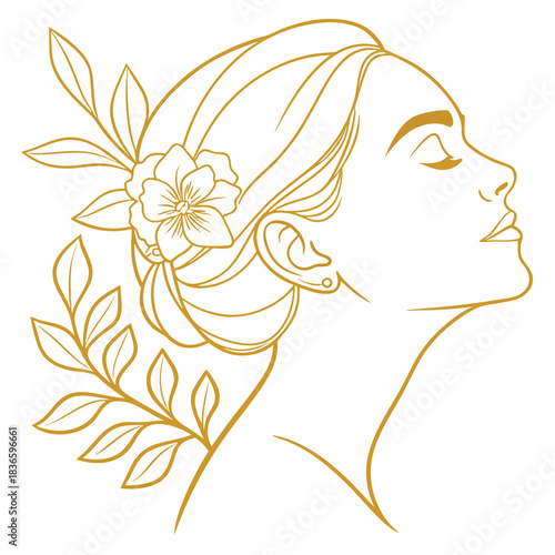 Vector illustration elegant line art illustration of a womans profile with a flower and leaves in her hair