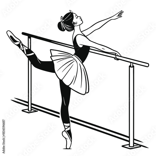 Vector illustration black and white illustration of a graceful ballerina practicing a ballet move at the barre in a studio setting