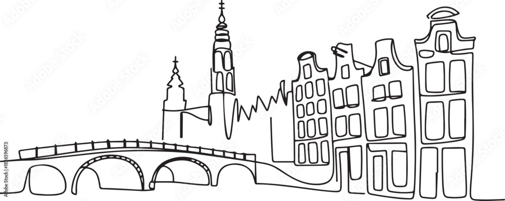 Obraz premium Single one line drawing Amsterdam, Netherlands. City concept. Continuous line draw design. one line Icon drawing