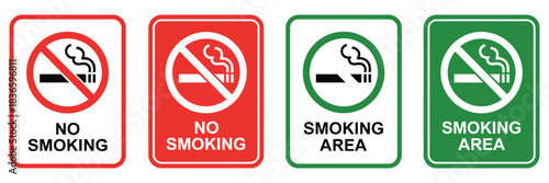 No Smoking Area and Smoking Area Sign, Printable Red Stop Symbol Set, Ban Silhouette Icon Design Template, Workplace and Public Safety Awareness, Vector Poster and Label