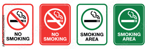No Smoking Area and Smoking Area Sign, Printable Red Stop Symbol Set, Ban Silhouette Icon Design Template, Workplace and Public Safety Awareness, Vector Poster and Label, High-Visibility Graphic, 
